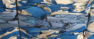 Blue wrap bundled up and ready to go to the recycling center