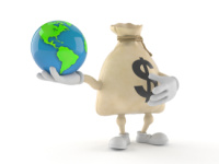 Earth Money Dollar money bag character holding world globe isolated on white background. 3d illustration