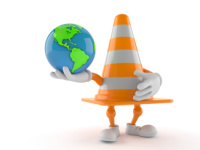 Earth Traffic Cone Traffic cone character holding world globe isolated on white background. 3d illustration