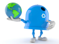 Getty_1294106867 (1) Recycling bin character holding world globe isolated on white background. 3d illustration