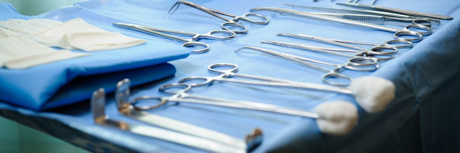 Blue Wrap Tray of surgical instruments on blue wrap