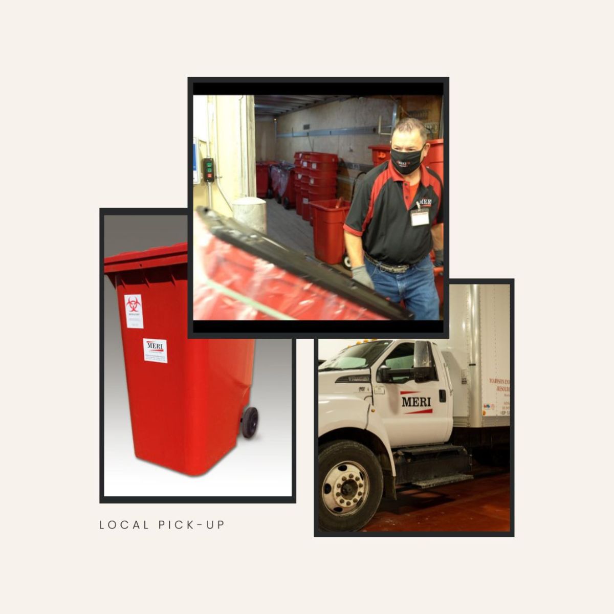 Local Pick Up Local pickup of red waste containers off of a truck