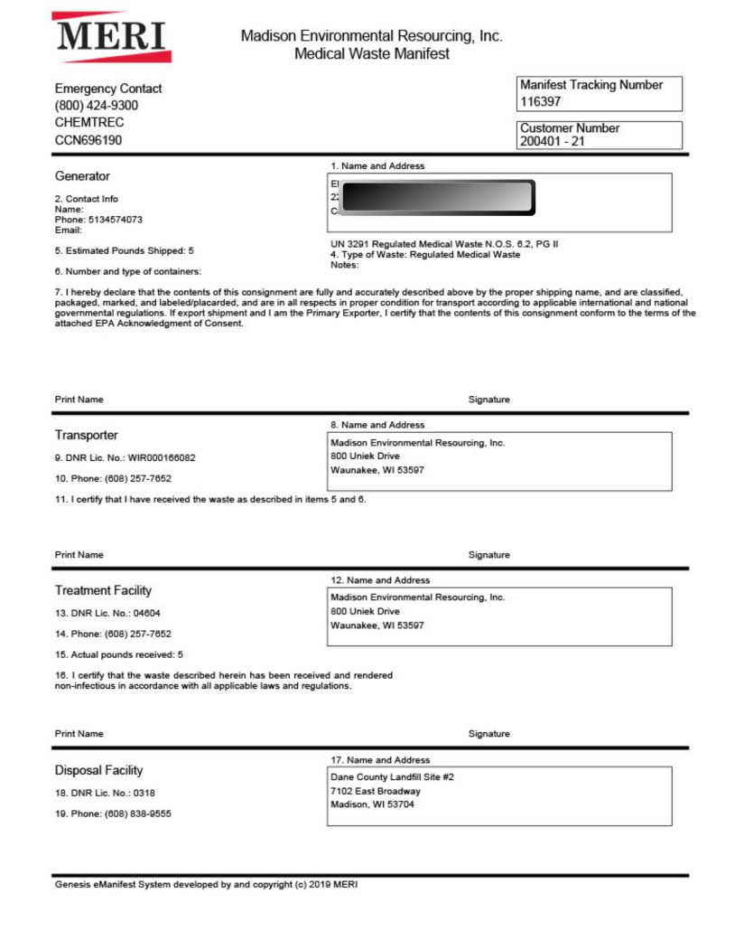 Example of MERI medical waste manifest