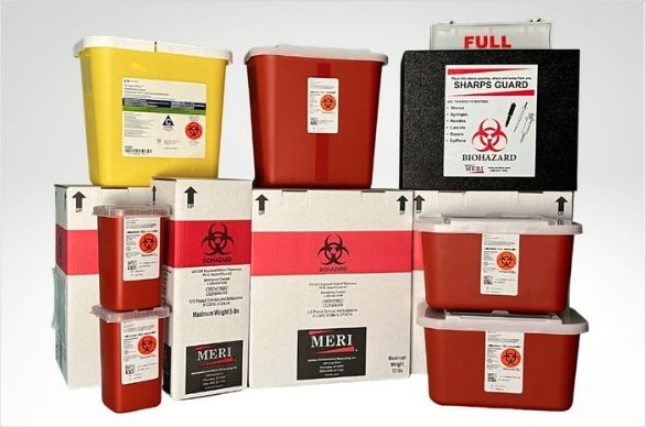 Various mailback kits and sharps containers