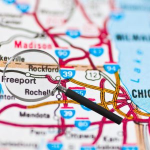 Illinois Map Map of Illinois highlighting Freeport and Rockford.